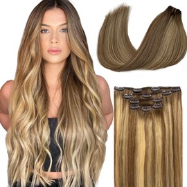 Belaved Hair Extensions Clip in Human Hair Ombre Brown to Ash Brown and Bleach Blonde Balayage 20 Inch 70g 5pcs 100% Remy Real Human Hair Clip in Extensions Straight 8T8P613