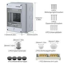 EYPINS Surface-Mounted Distribution Box, Small Distribution Box, 1 Row, 5 Modules, Fuse Box, IP65, Wet Room, Surface-Mounted Distributor with Brass Clamps for Garden or Outdoor Use