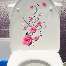 Rose Flower Branch Toilet Cover Sticker Decals,Spring Rose Flower Waterproof Toilet Lid Tank Seat Decals Cistern Self-Adhesive Bathroom Wall Sticker