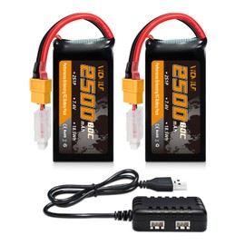 VICMILE 2S Lipo Battery 2500mAh 7.4V 80C High Discharge Rate Shorty Pack RC Batteries with XT60 Plug Fit for RC Airplane FPV Quadcopter Helicopter Drone Racing RC Hobby Model with 1TO2 Charger