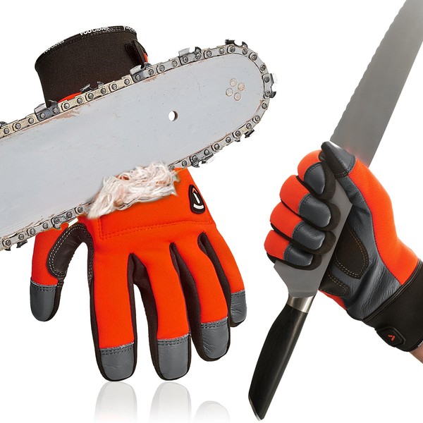[Vgo...] Chainsaw Gloves, Safety Work Gloves, ANSI A5 Anti-Vibration Gloves,