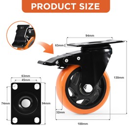 Caster Wheel, Heavy Duty 4 Inch Caster, Locking Swivel Caster Wheel for Cart, Furniture and Workbench, Orange