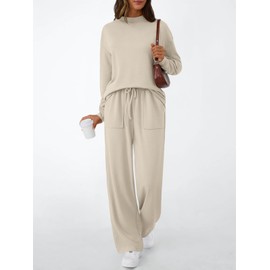 LILLUSORY Womens Lounge Two 2 Piece Sets Early Fall 2025 Fashion Outfits Clothes Clothing Matching Sweatsuit Sweat Suit Trendy Airport Travel Winter Loungewear Pajamas Cruise Old Money Apricot M