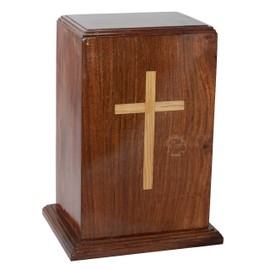 Hind Handicrafts Rosewood Wooden Cremation Urns for Human Ashes Adult - Handcrafted Funeral Memorial Ash Storage Urn - Burial Columbarium (Pine Cross, 250 Cubic Inches)