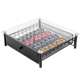 Restaurantware Restpresso 15.6 x 14.1 x 4.2 Inch Coffee Capsule Drawer 1 Heavy-Duty Pod Drawer - Holds 40 Nespresso Vertuo Capsules Glass Top Iron Espresso Pod Organizer Pods Not Included