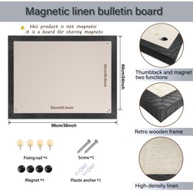 Large Magnetic Bulletin Board 36 x 24 Inches, Black Rustic Wood Frame Cork Board with Linen, Wall Mounted Bulletin Board with Push Pins for Home Office School