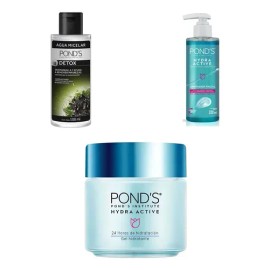 Kit Ponds Gel Hidratante Díanoche  Limpiador Facial Ácido Hialurónico 200ml  Agua Micelar Detox 100ml                                                 