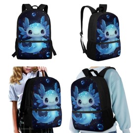 SCRAWLGOD Blue Axolotl Backpack with Lunch Box Kids Girls 4 Grade Elementary School Bookbag and Lunch Bag Set 3 in 1 Middle Student Back Pack 8-10/6-8/4-6 Toddler Schoolbag Lunchbox Pencil Case