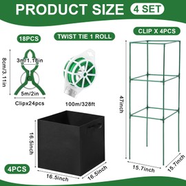 Wenqik 4 Pack Tomato Cage with 17.7 Gallon Large Grow Bags 47 Inch Tomato Planter with Trellis, 18 Clips and 328ft Twist Tie Garden Plant Pot Stakes Support for Vertical Climbing Cucumber