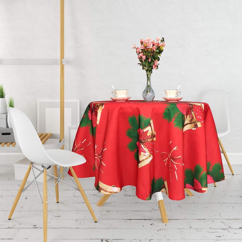 WedDecor Christmas Table Cloth Round Polyester Tablecloth with Bow Ribbon