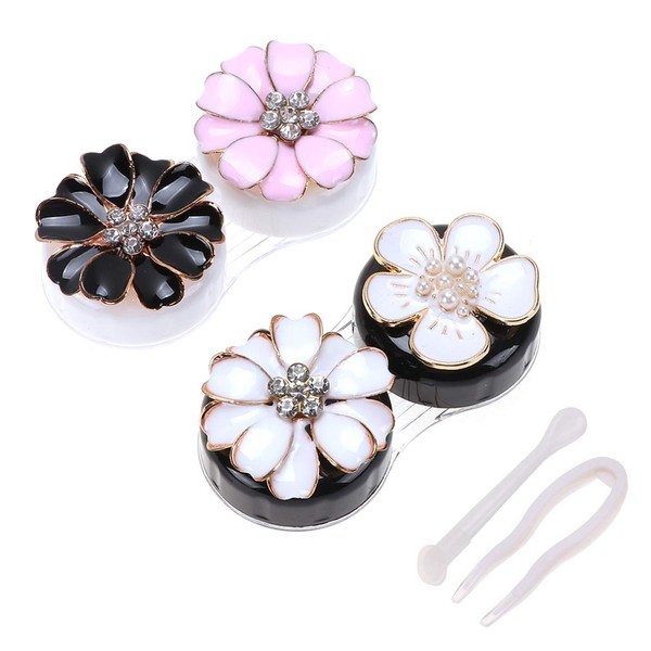 ARTIBETTER 2 Pairs Contact Lens Box Kit Rhinestone Floral Pattern Lens Travel Case Container Holder Portable Storage Box
