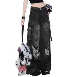 kakarin choyx Gothic Women's Jeans Fashion Y2K Vintage Straight High Waist Baggy Wide Leg Ripped Denim Pants Black M