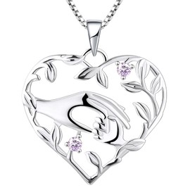 YL Heart Mother Necklace 925 Sterling Silver Mom Hand Pendant Created Alexandrite Leaf Jewelry for Women