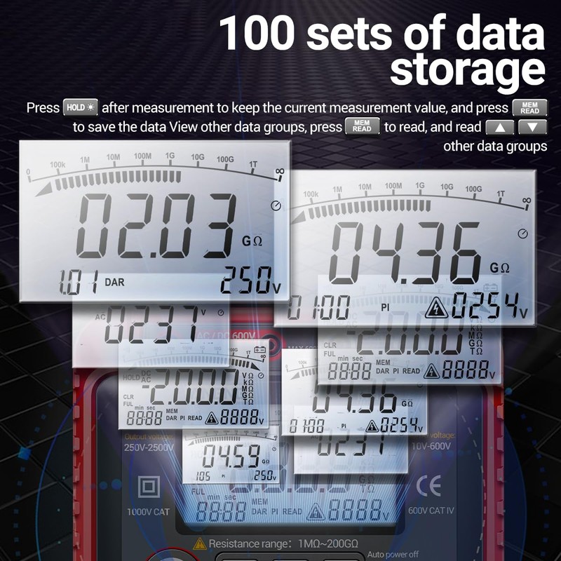 MH13 250V-2500V Digital Insulation Resistance Tester 1MΩ-200GΩ Megger Megohm Testing