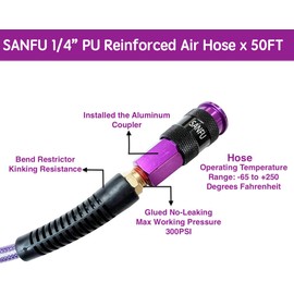 SANFU (PU) Polyurethane Reinforced 1/4”ID(6.3 x 9.8mm) x 50ft, Air Hose, Lightweight, Professional with 1/4-Inch Swivel Solid Aluminum Quick Coupler and Plug, Purple(50’)
