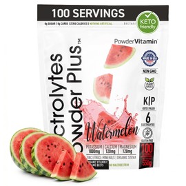 PowderVitamin Electrolitos en polvo Plus (100 porciones) Polvo de electrolitos de sandía Keto sin calorías, 0 azúcar, sin maltodextrina               