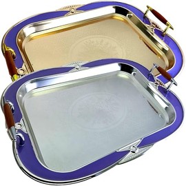 Maro Megastore (Pack of 2) 20.3 inch x 15.5 inch Floral Shape Antique Chrome Plated and Iron Gold Serving Tray with Handles Purple Edge Floral Engraved Dessert Buffet Decor Platter Plate Base TTL-013