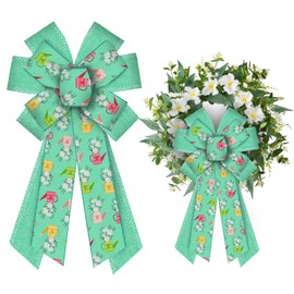 LANGFON Large Linen Flower Bows - Green Spring Ribbon Bows for Wreath, Watering Can, Party Decor, Indoor/Outdoor, Tree Topper