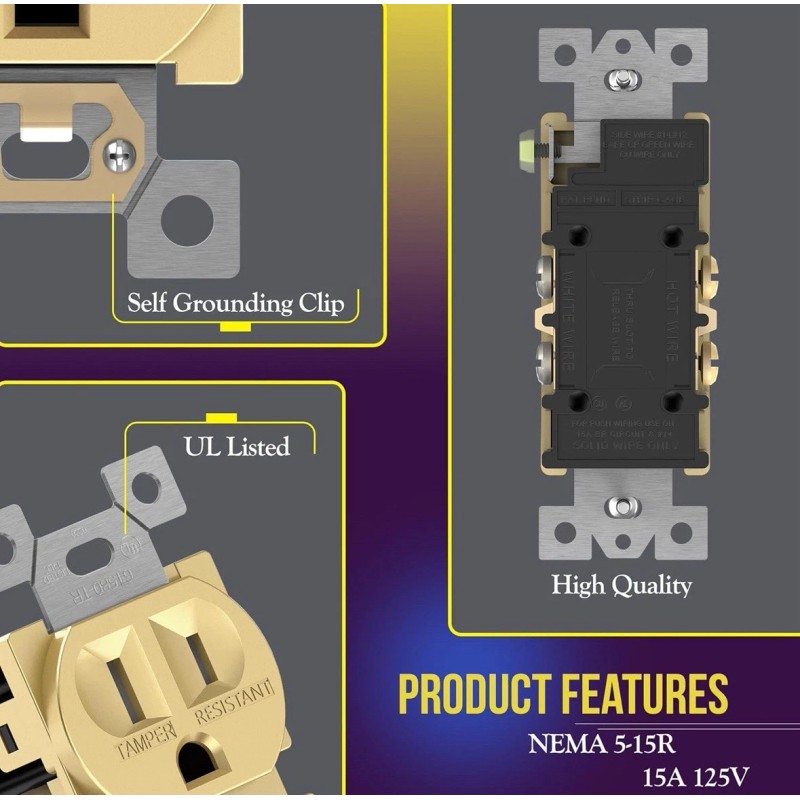 Enerlites Elite Series Gold Duplex Receptacle Wall Outlet 3-Wire 2-Pole
