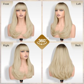 FESHFEN Long Wigs with Bangs, Synthetic Natural Looking Layered Straight Hair Wig for Women Daily Party Use 18 inch, Ombre Blonde