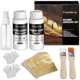 Yeardera Gold Leaf Kit, 100ml Gilding Adhesive and Varnish with 100 Gold Leaf Sheets for Arts, Crafts, Painting, Furniture, and Decoration
