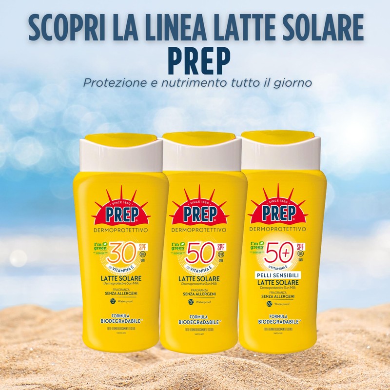 Prep, Latte Solare Dermoprotettivo SPF50, Con Glicerina e Vitamina E,
