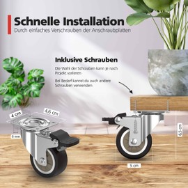 RAVN HAMAN Set of 4 Furniture Castors 50 mm – Swivel Castors with Brake up to 50 kg per Wheel – Small Rubber Castors for Indoor Use – Quiet Rolling & Floor-friendly – Transport Castors for Many Floor