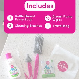 Dapple Breast Pump Cleaning Kit, 3 Baby Bottle Cleaning Brushes, Hypoallergenic & Powered by Plants, Removes Milk Residue, Leaves No Taste, 3oz Soap, 10ct Wipes 3 Cleaning Brushes