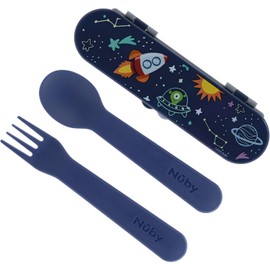 Nuby - Utensilios para niños pequeños con funda de viaje, juego de tenedor y cuchara autoalimentables para niños, utensilios de entrenamiento fáciles de sostener con bordes seguros redondeados