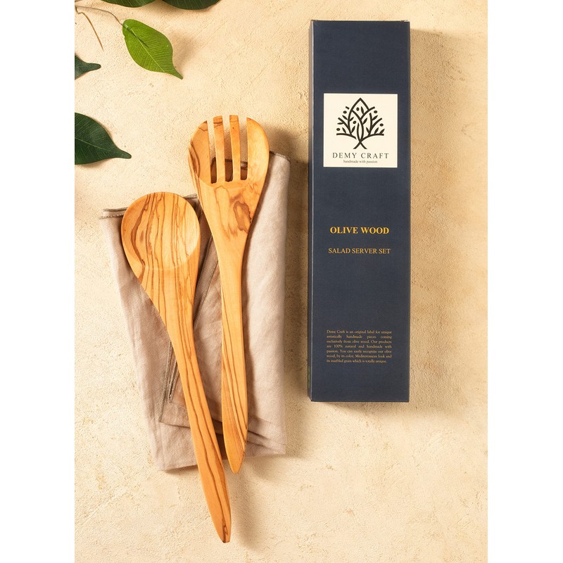 Demy Craft Olive Tree 30cm Handmade Salad Serving Set, Wooden