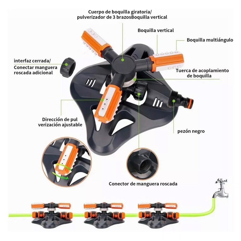 Lawn Sprinkler 3 Arm Nozzles 360° Auto Rotating Irrigation Water