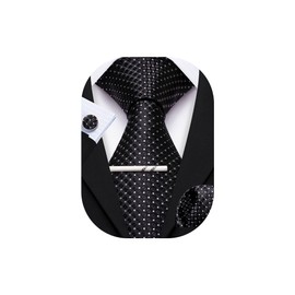 YOHOWA Black Tie with Tie Clip for Men Plaid Silk Necktie Pocket Square Cufflinks Set Formal Business Wedding Party