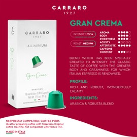 Carraro Gran Crema - x100 Aluminium Coffee Pods Compatible with Nespresso Original line - Intensity 9/12, Medium Roast Coffee Capsules Made in Italy