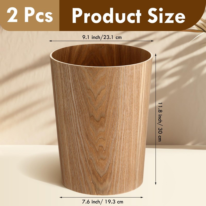 Threehoney 2 Pack 2.3 Gallons Wood Trash Can Wastebasket Natural