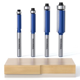 REKCKRUL 4PCS Professional Flush Trim Router Bit Set, 1/4 Inch Shank Top Bearing, Carbide Tipped Woodworking Router Bits for Smooth Edge Trimming, Cutting Length: 3/4", 1", 1-3/16", 1-3/16"