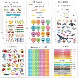 Educational Preschool Learning Posters,Alphabet ABC Posters for Toddlers Classroom Playroom Wall Decor,Counting Chart for Kindergarten,Pre K Learning Poster for Toddlers 1-3 Homeschool Supplies