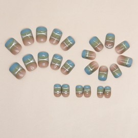 Blue Green Gradient Press on Nails Short Silver Lines Design Square False Nails French Artificial Acrylic Coffin Nails Full Cover Short Fake Nails Nature Fit Stick on Nails Glue on Nails for Women