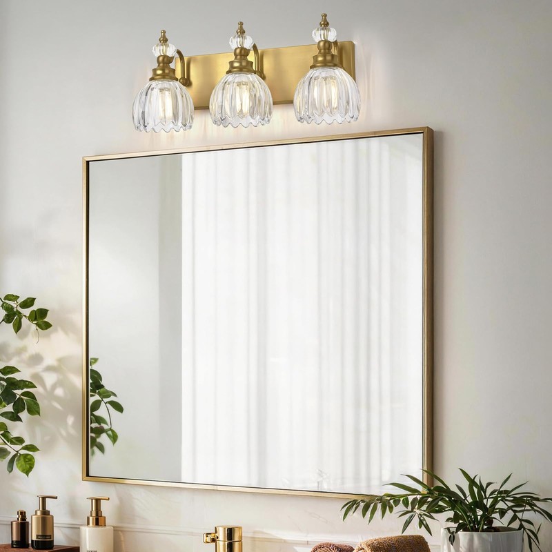 LIROUVET 3 Lights Brass Gold Crystal Bathroom Vanity LightsLight Fixtures