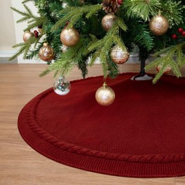 WBHome Christmas Tree Skirt, 52 inch Cable Knit Knitted Thick Rustic Holiday Decoration, Christmas Red