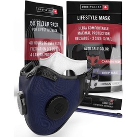 URBIVALIST Face Mask With Breathing Valve & Filter - Reusable - Breathable - Anti-Pollution - Washable - With Filters - Men/Women - Essential Pack – Blue – Size L