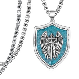 St Michael Necklace for Men 925 Sterling Silver Archangel Pendant with Turquoise St Michael Medal Protection Religious Jewelry Gifts for Men Women