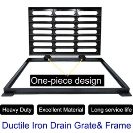 MASSLUNT Cast Iron Drain Grate and Frame, 24x16 Outdoor Drain Cover with Base, B Class Sewer Grate, Durable Heavy Duty Channel Grate, Black Rectangle Drainage Grate for Driveway, Concrete, Yard