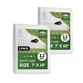 RAINDEWAY 12 Mil Heavy Duty White Tarp 7x10 Feet (2 Pack), UV Resistant, Waterproof, Weatherproof Poly Tarp with Metal Grommets and Reinforced Edges