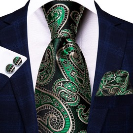 Hi-Tie Men 63inches Tie Set Extra Long Necktie Paisley Tie Pocket Suqare Cufflinks Big and Tall Men Tie,Green Black