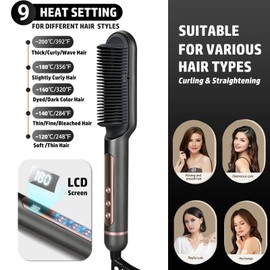 Negative Ion Straightening Brush, 9 Temperature Settings, 30 Seconds Fast Heating Straightening Comb with LED Indicator, Anti-scald and Auto Shut-Off, Smoothing Brush for Home Salon
