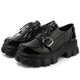 KOKOMOMO Womens Patent Leather Platform Oxfords Chunky Lace Up Goth Buckle Shoes,Size 7 Black