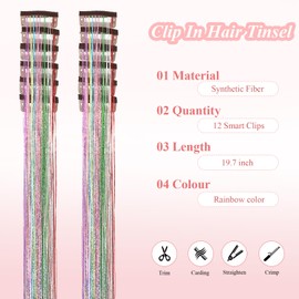 Colorful Tinsel Hair Extensions Hair Tinsel 12 Pcs Clip In Tinsel Hair 20 Inch Tinsel Hair Clip In Tinsel Hair Accessories For Girls Glitter Tinsel Hair Extensions For Party (12Pcs,Colorful#)