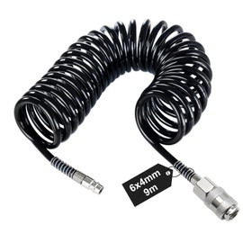 SRJQXH 9 m Compressed Air Spiral Hose, Spiral Compressor Hose, Diameter 6 x 4 mm Air Pressure Hose, Black Compressed Air Hose, with Connector, for Household, Workshop, Car Workshop