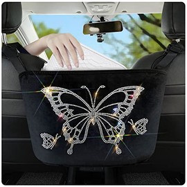 Blinglife Car Handbag Holder Car Net Pocket Handbag Holder Car Backseat Organizer Car Handbag Holder Between Seats,Butterfly Diamond Bling Car Purse Holder for Girlfriend Wife Mom(White Diamond)