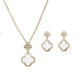 XIWCAFC Four Leaf Clover Jewellery Set for Women Gold Plated Titanium Stainless Steel Black White Lucky Clover Pendant Necklace and Earrings Set Hypoallergenic Dainty Jewellery Set for Girls, One